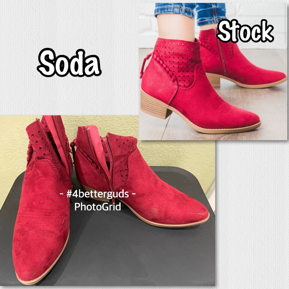 Soda Erin-S Cherry Red Western Faux Suede Perforated Ankle Booties Low Heel Sz 6
